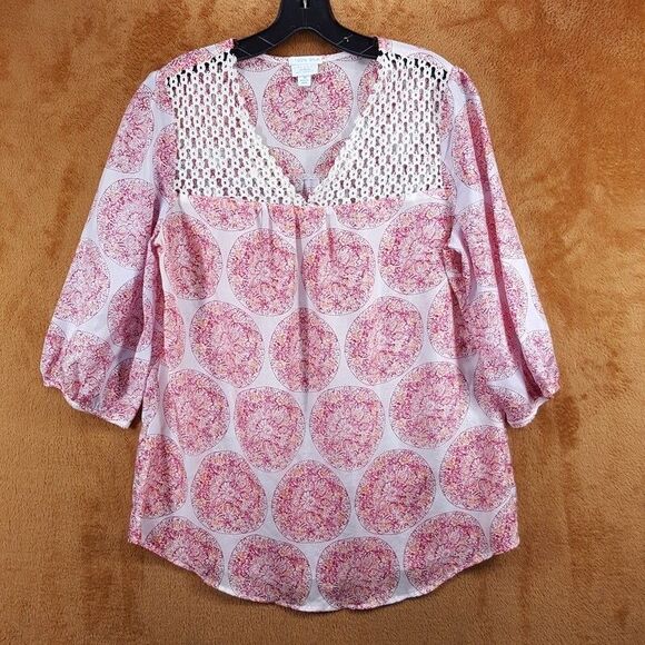 CALYPSO ST BARTH TARGET Top Womens Medium Pink Ivory Pullover Crochet 100% Silk - Picture 1 of 7